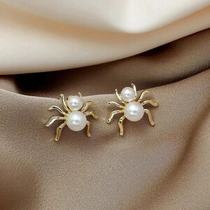 Faux Pearl Halloween Spider Earrings Personalized Creative Gold Tone
